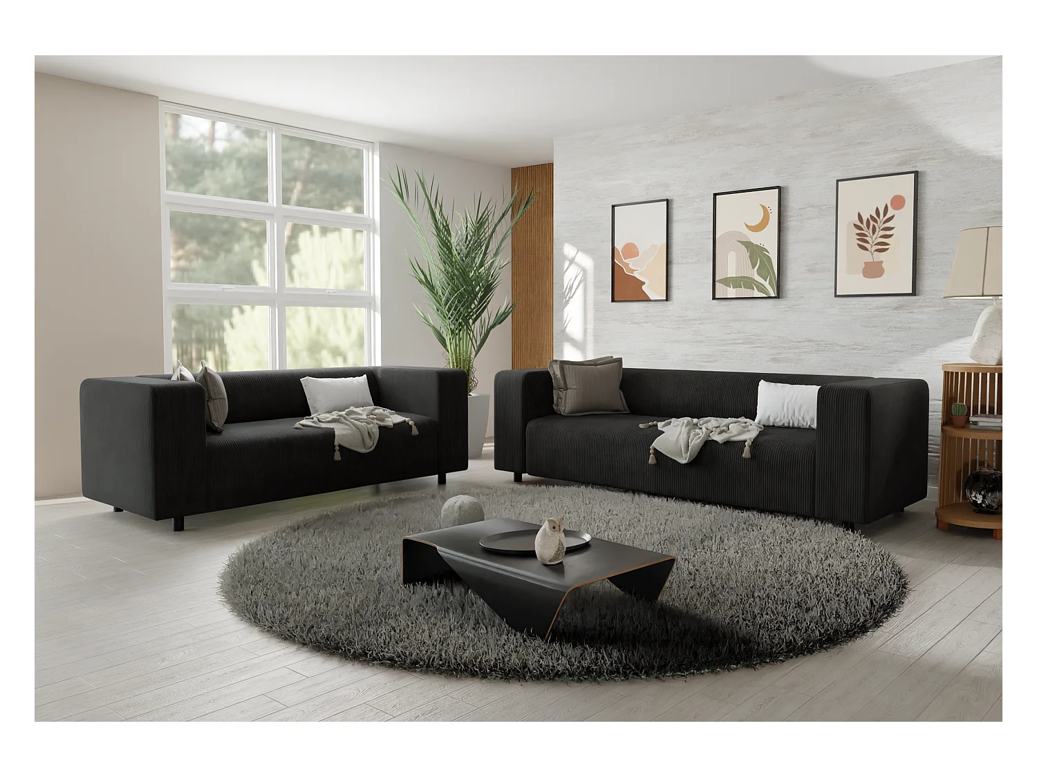 Ensemble de sièges moderne 3+2 en velours côtelé noir avec assise confortable THORA