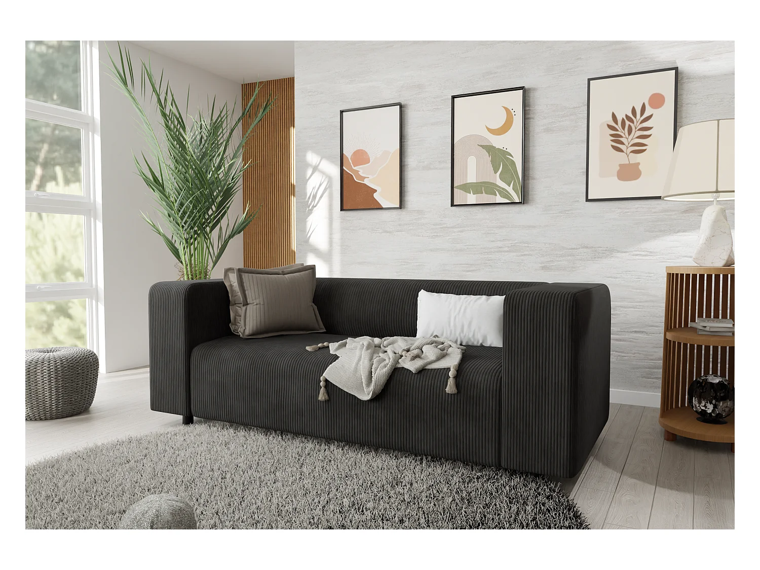 Ensemble de sièges moderne 3+2 en velours côtelé noir avec assise confortable THORA