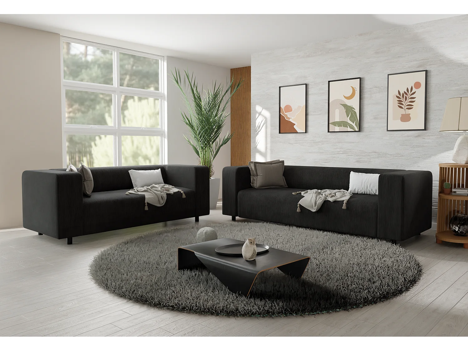 Ensemble de sièges moderne 3+2 en velours côtelé noir avec assise confortable THORA