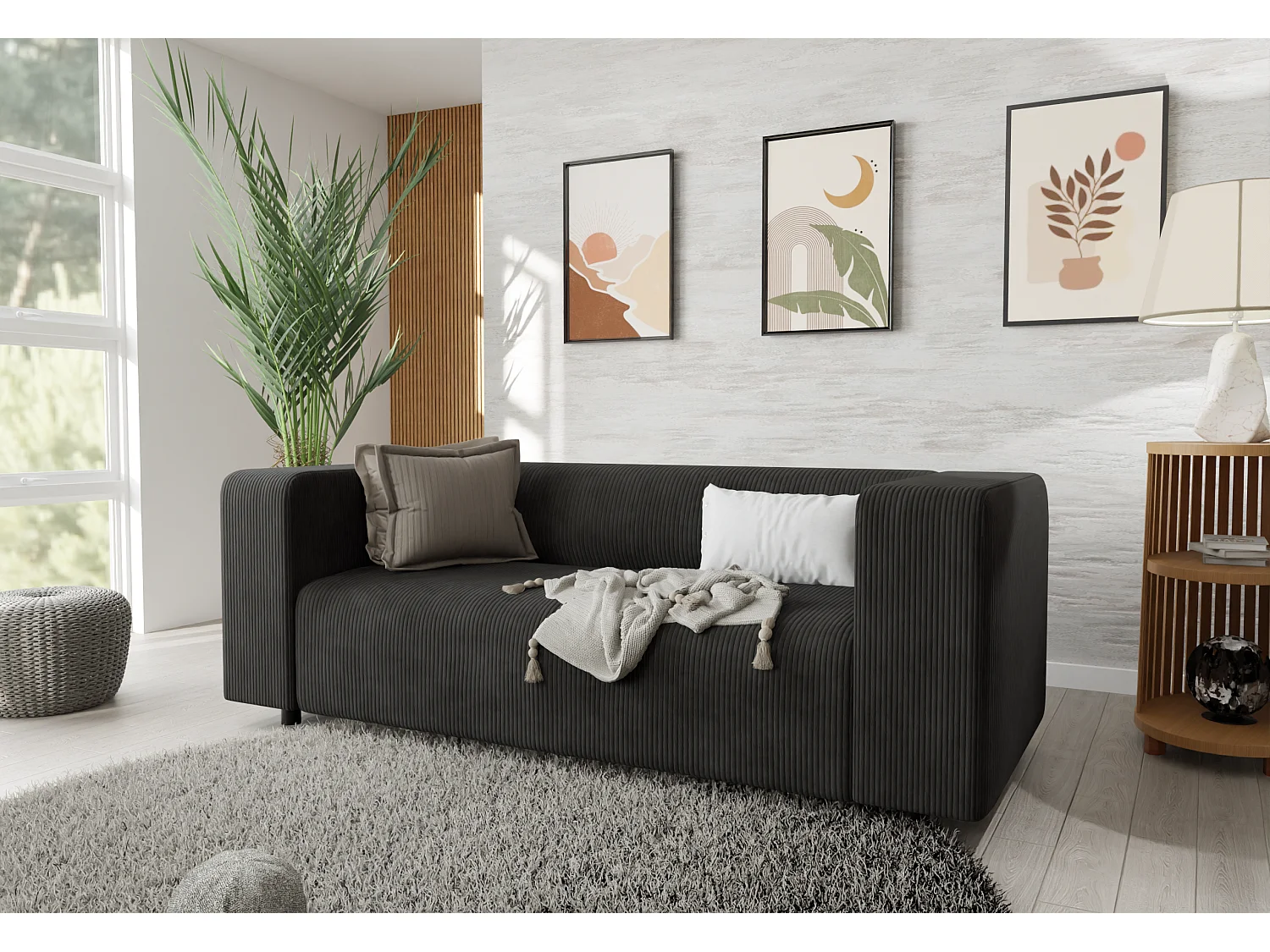 Ensemble de sièges moderne 3+2 en velours côtelé noir avec assise confortable THORA