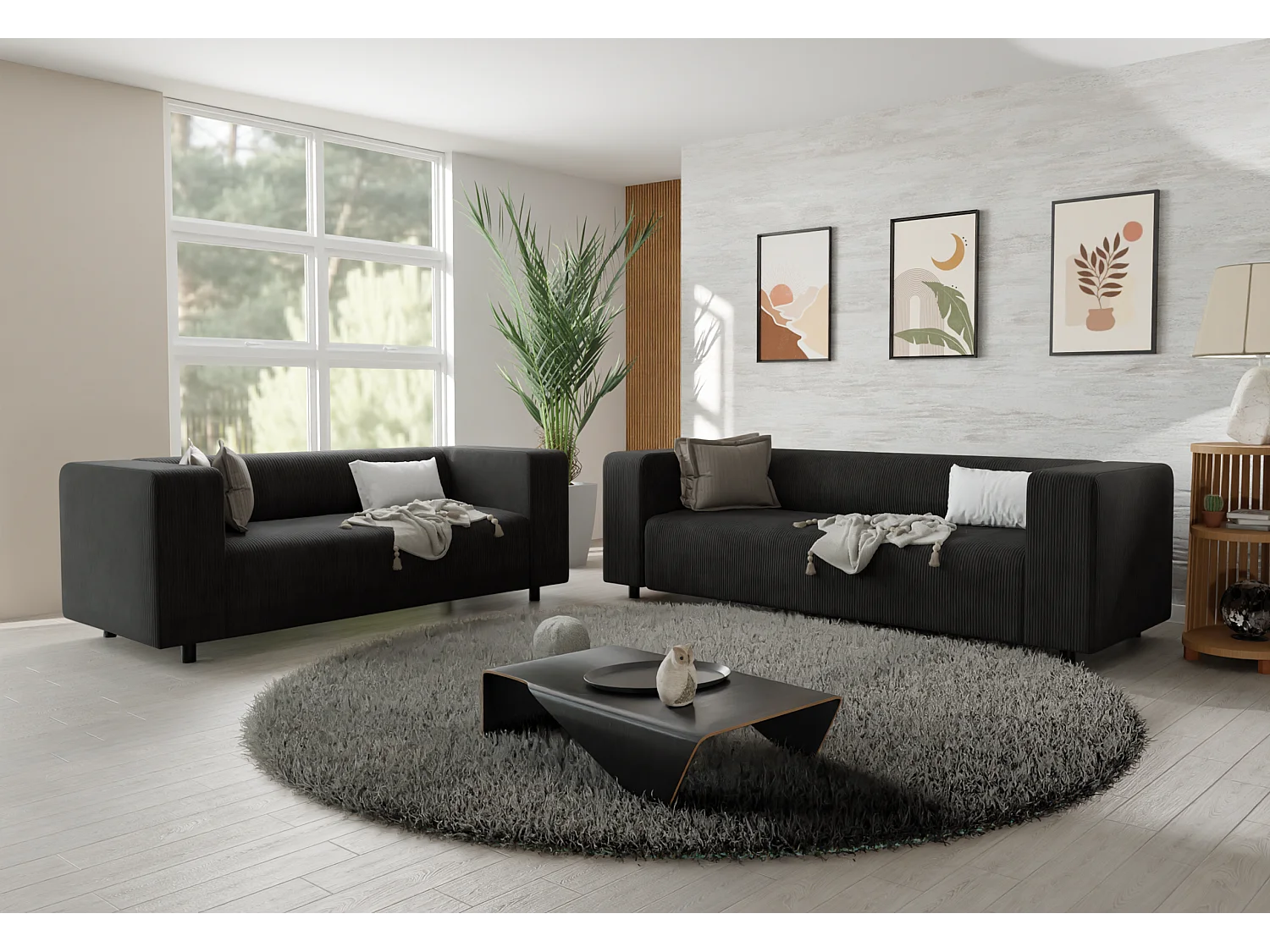 Ensemble de sièges moderne 3+2 en velours côtelé noir avec assise confortable THORA