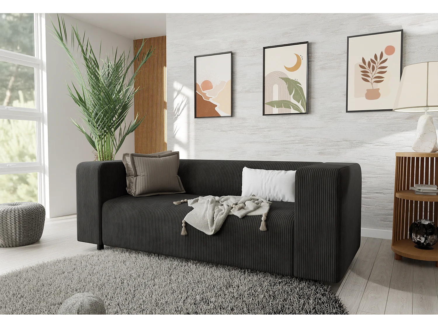 Ensemble de sièges moderne 3+2 en velours côtelé noir avec assise confortable THORA