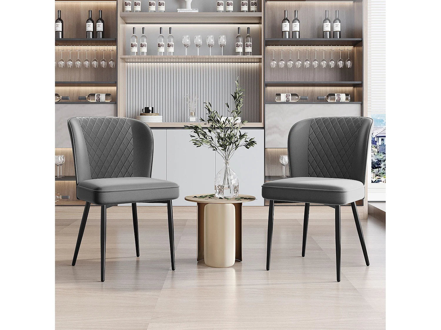 Set van 2 fluwelen eetkamerstoelen met gewatteerde rugleuning - zwarte metalen poten - grijs