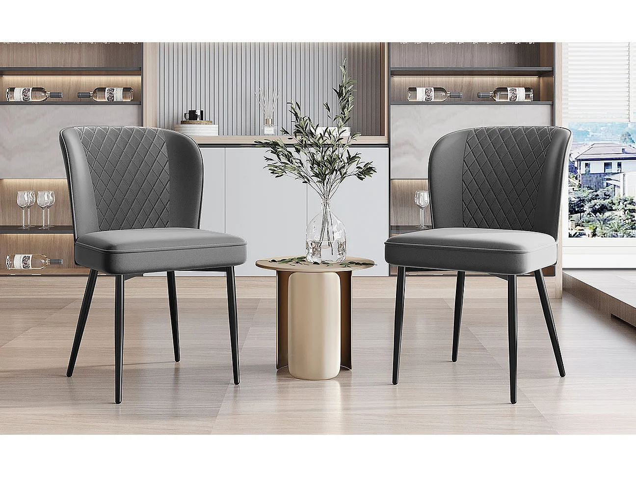 Set van 2 fluwelen eetkamerstoelen met gewatteerde rugleuning - zwarte metalen poten - grijs