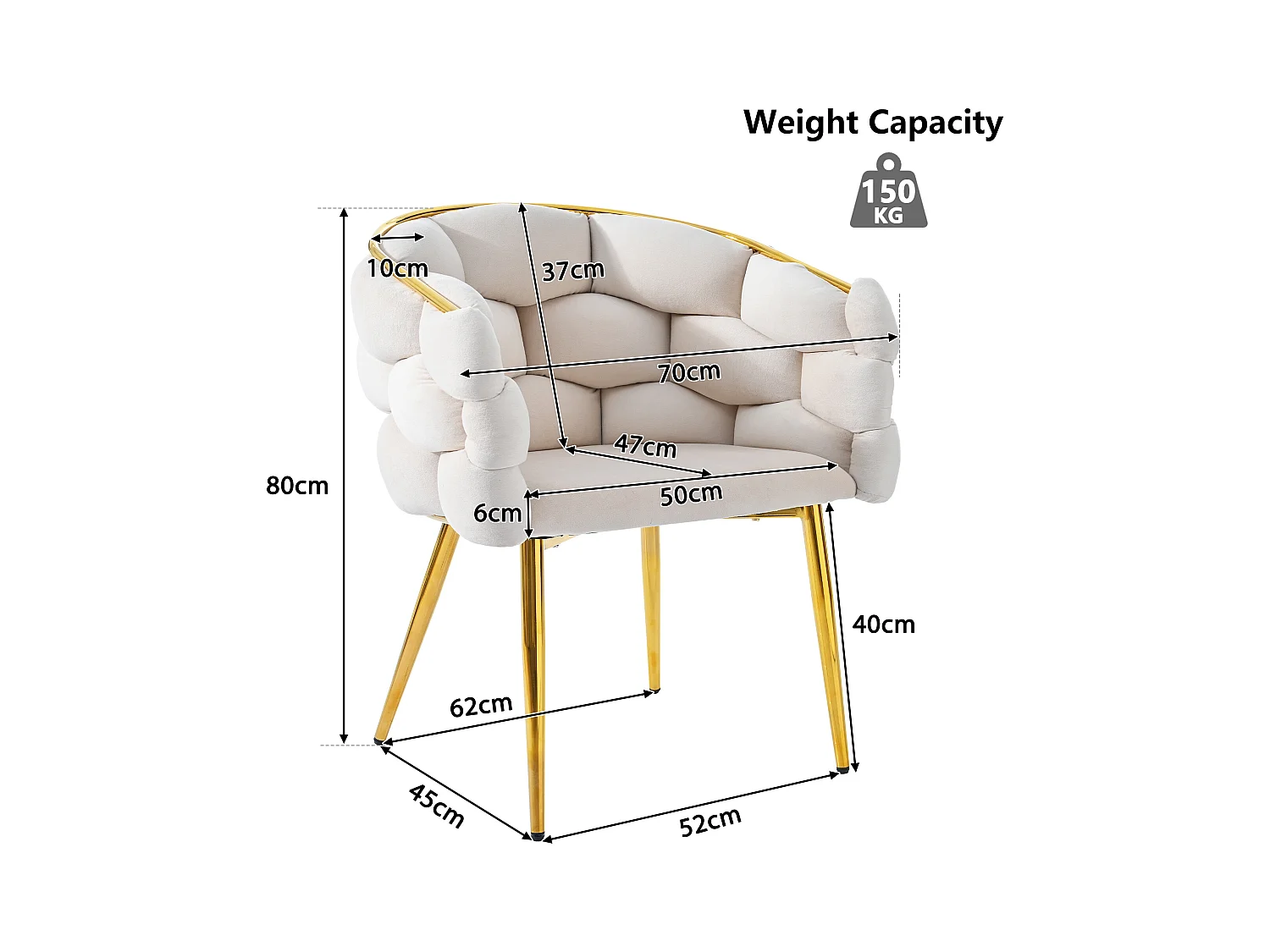 Chaise en velours avec dossier rembourré et accoudoirs - pieds en métal doré - beige