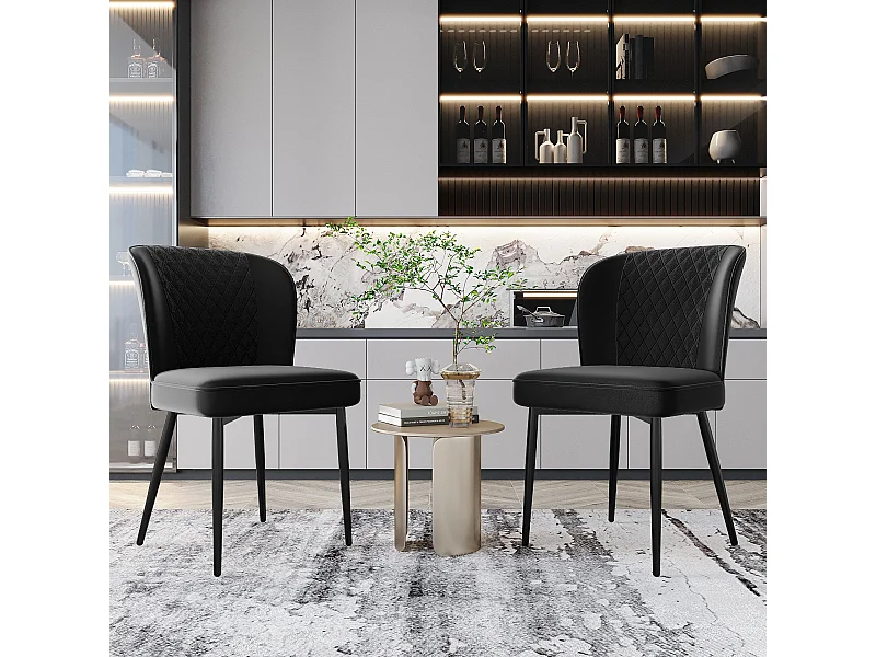 Juego de 2 sillas de comedor de terciopelo con respaldo acolchado - patas de metal negro - negro