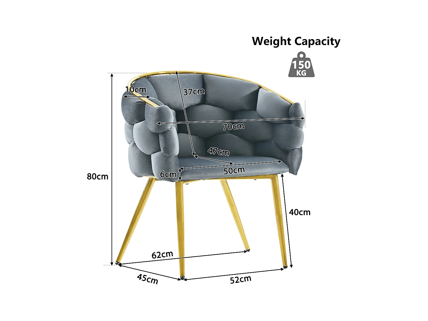 Chaise en velours avec dossier rembourré et accoudoirs - pieds en métal doré - gris