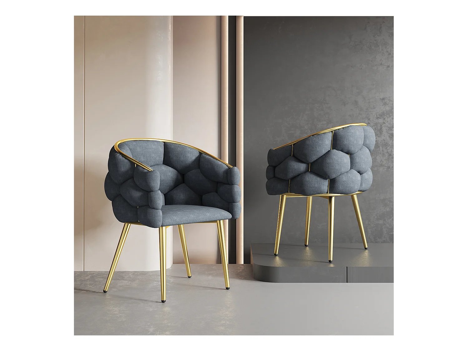Chaise en velours avec dossier rembourré et accoudoirs - pieds en métal doré - gris