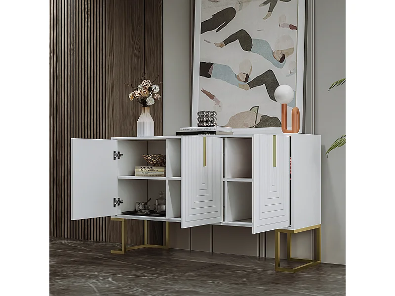 Buffet blanc avec 3 portes, étagères réglables, pieds dorés, 138x40x80,5cm