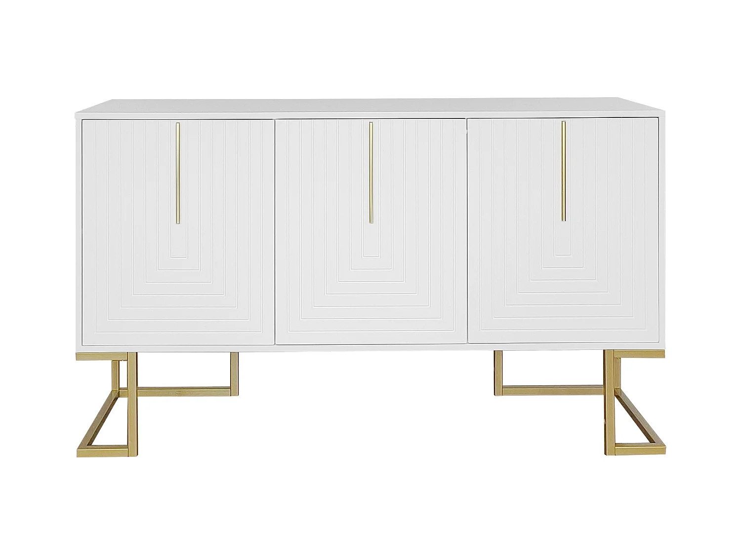 Buffet blanc avec 3 portes, étagères réglables, pieds dorés, 138x40x80,5cm