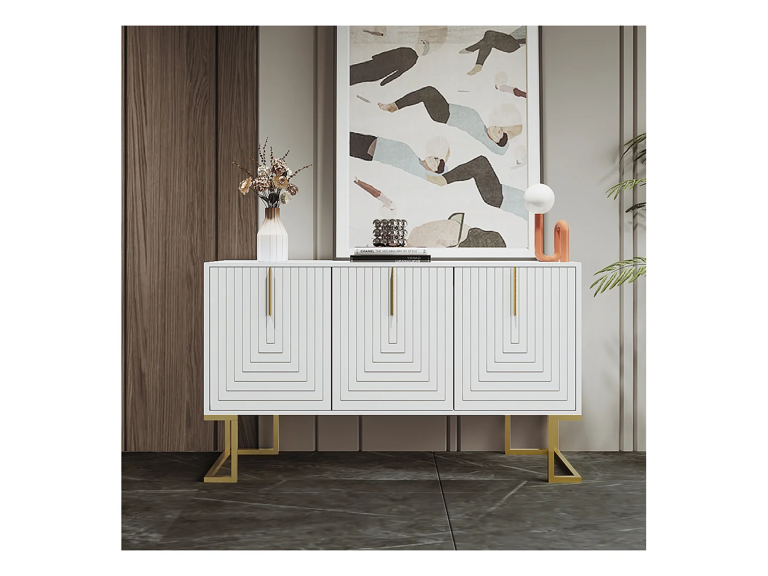 Buffet blanc avec 3 portes, étagères réglables, pieds dorés, 138x40x80,5cm