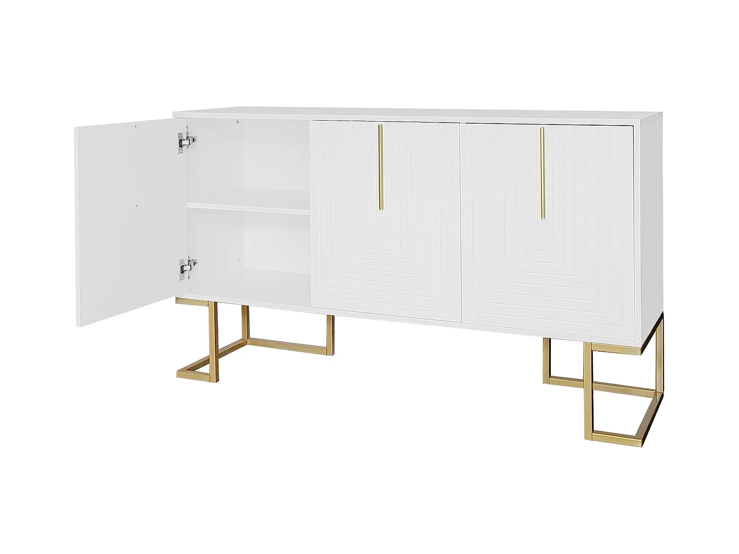 Buffet blanc avec 3 portes, étagères réglables, pieds dorés, 138x40x80,5cm