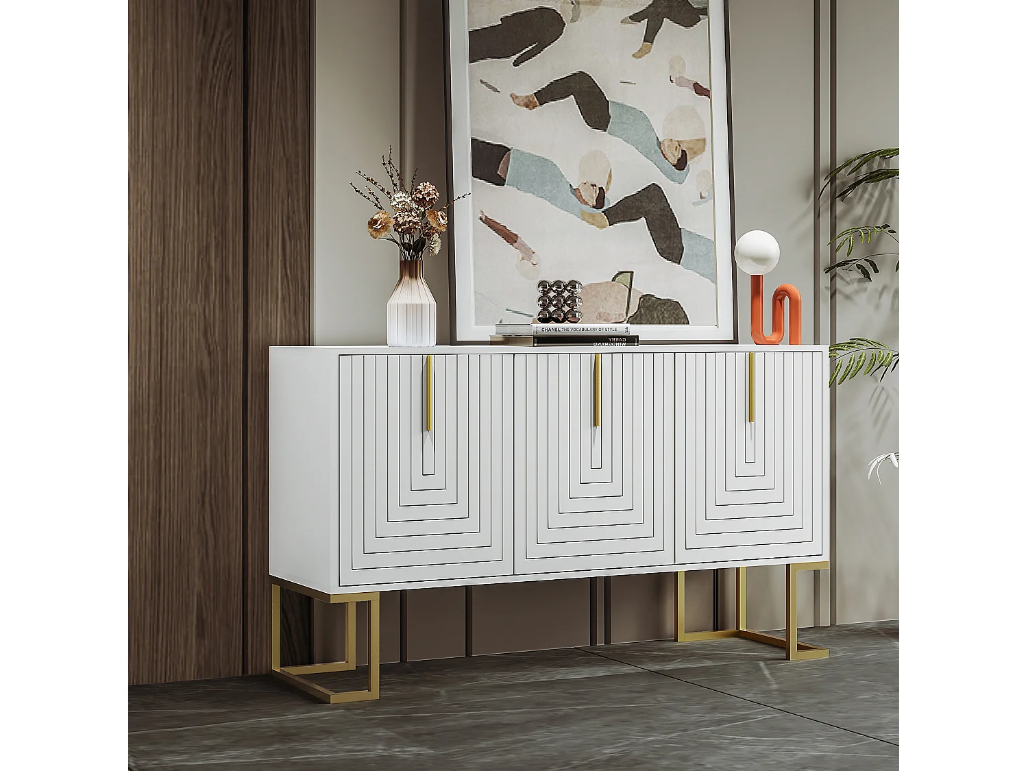 Buffet blanc avec 3 portes, étagères réglables, pieds dorés, 138x40x80,5cm