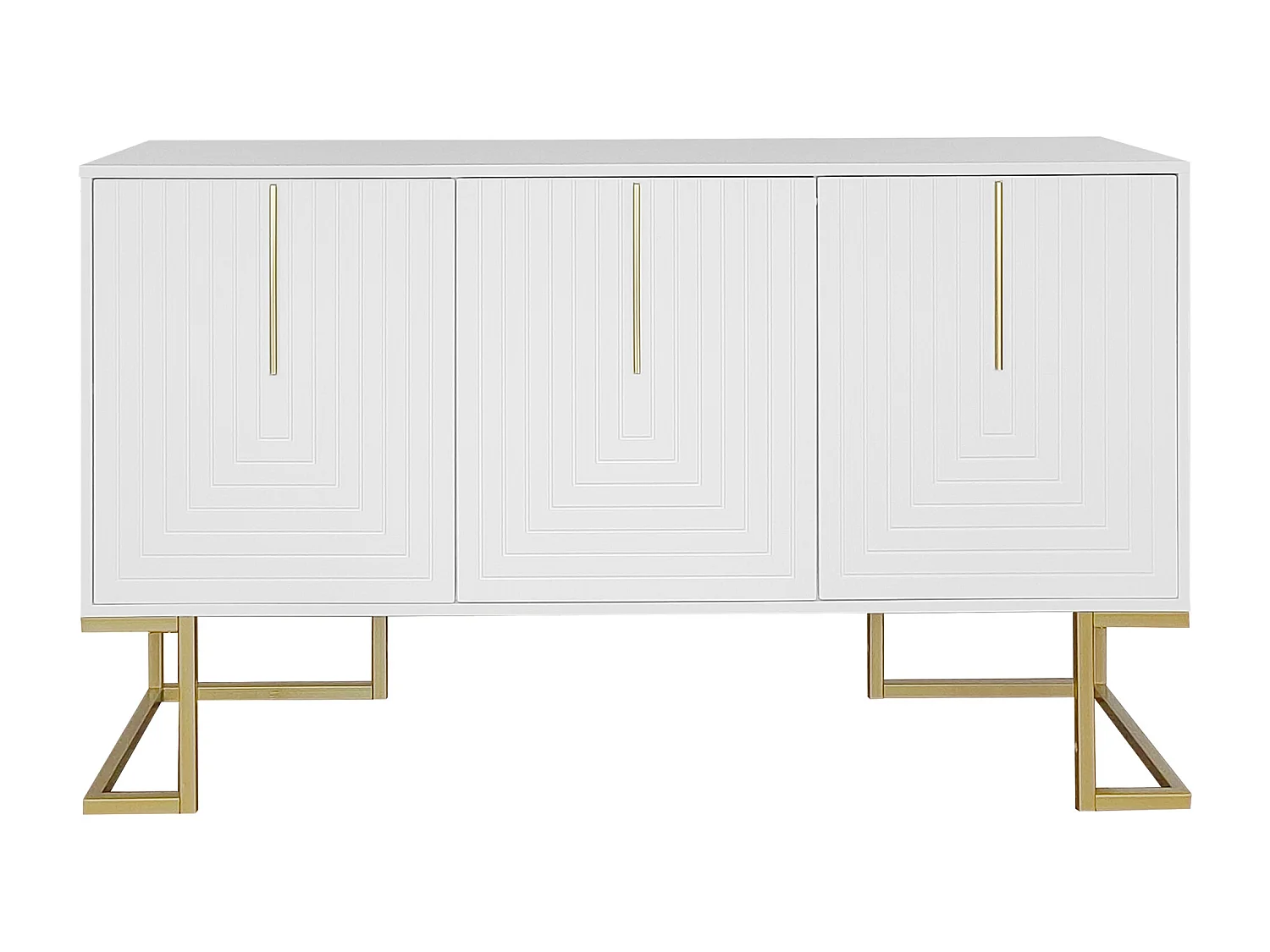 Buffet blanc avec 3 portes, étagères réglables, pieds dorés, 138x40x80,5cm