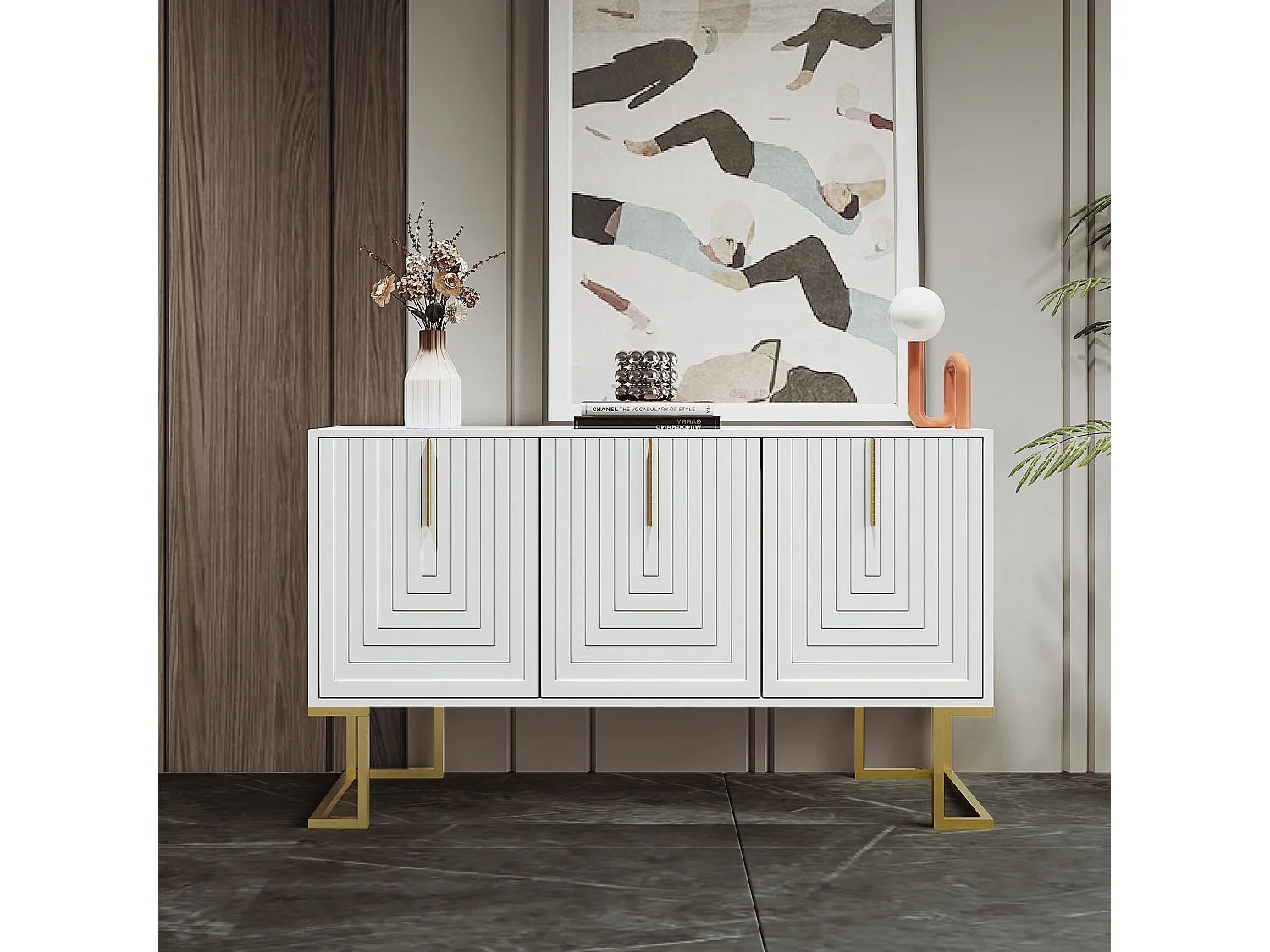 Buffet blanc avec 3 portes, étagères réglables, pieds dorés, 138x40x80,5cm