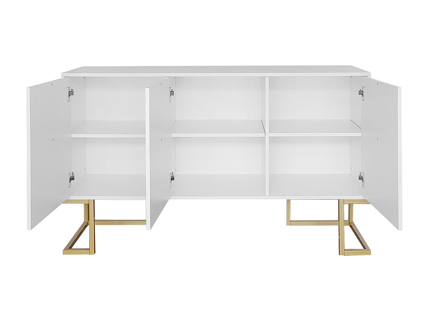 Buffet blanc avec 3 portes, étagères réglables, pieds dorés, 138x40x80,5cm