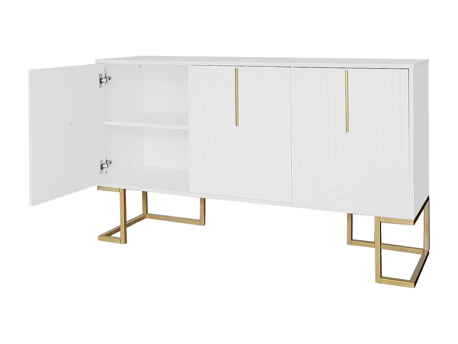 Buffet blanc avec 3 portes, étagères réglables, pieds dorés, 138x40x80,5cm