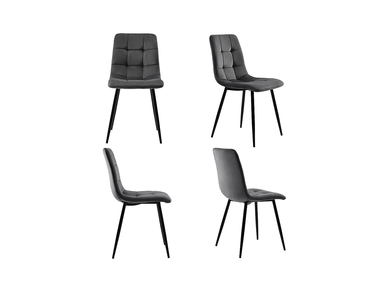 Lot de 4 chaises à manger en velours avec dossier rembourré - pieds en métal noir - gris