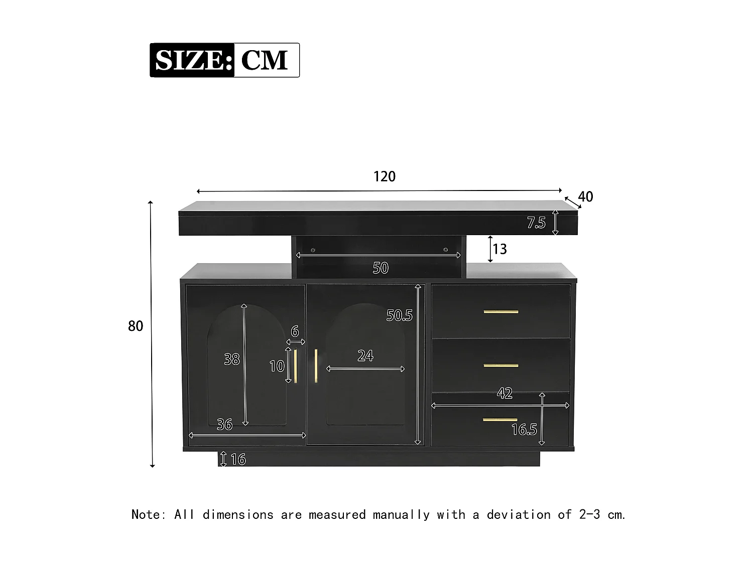 Buffet noir avec éclairage LED, 2 portes et 3 tiroirs, 120x40x80cm