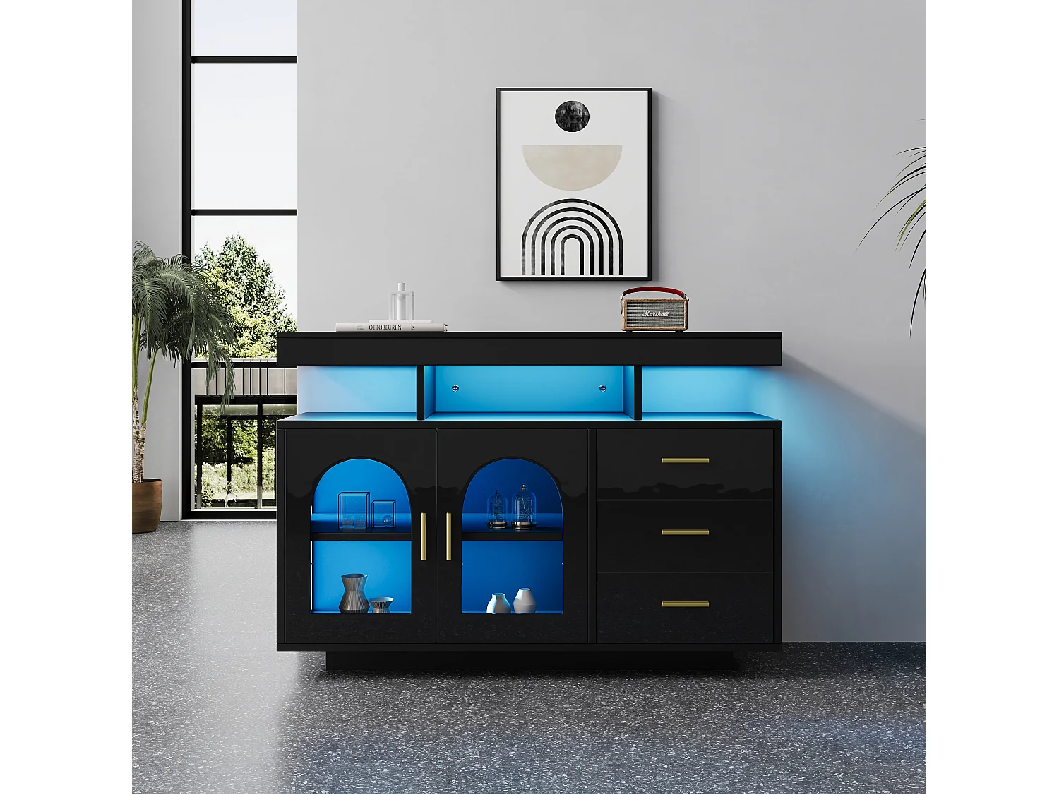 Buffet noir avec éclairage LED, 2 portes et 3 tiroirs, 120x40x80cm