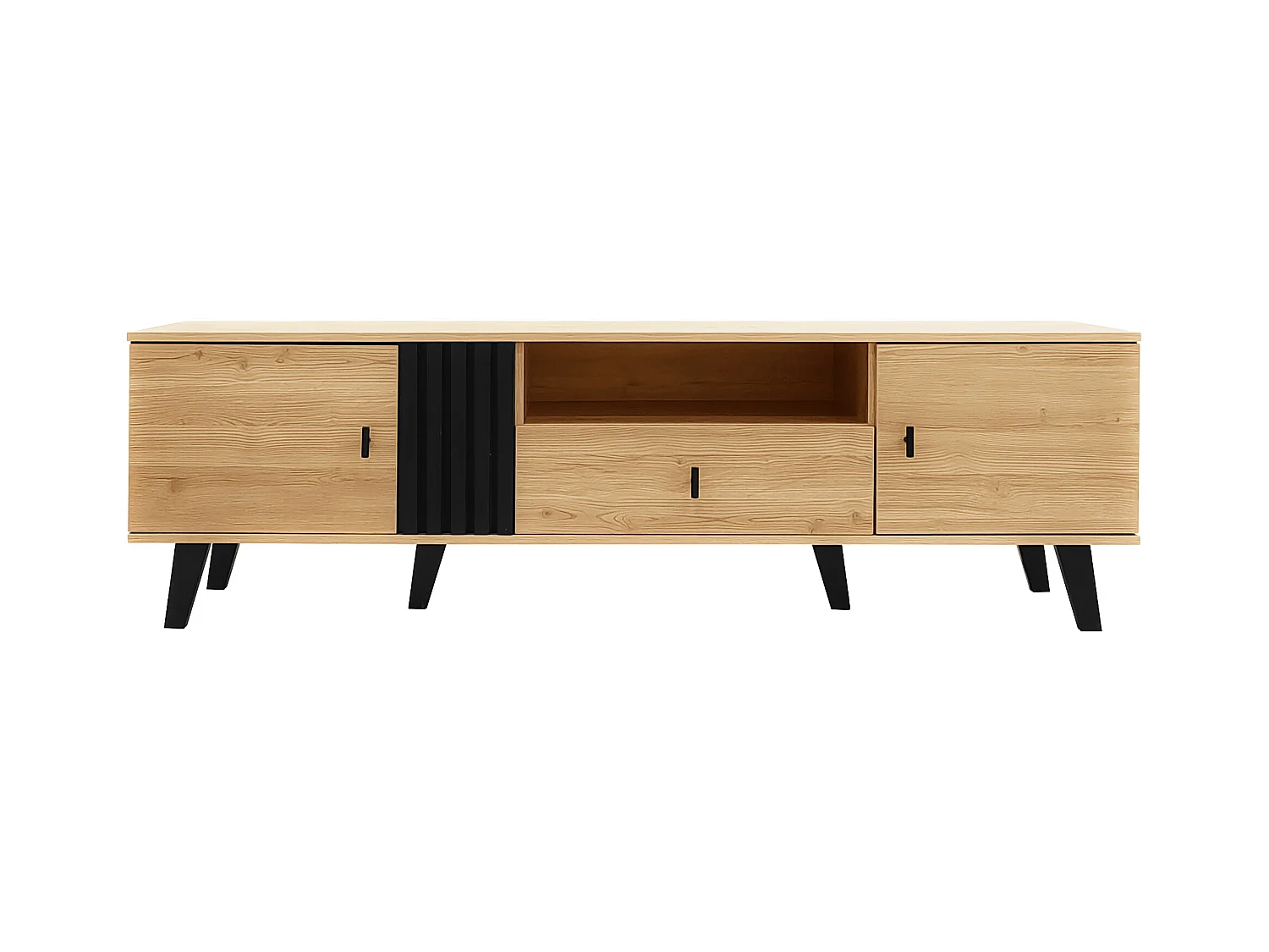 Lichte, natuurlijke en zwarte tv-kast met 2 deuren en 1 lade, 170x40x50,5cm