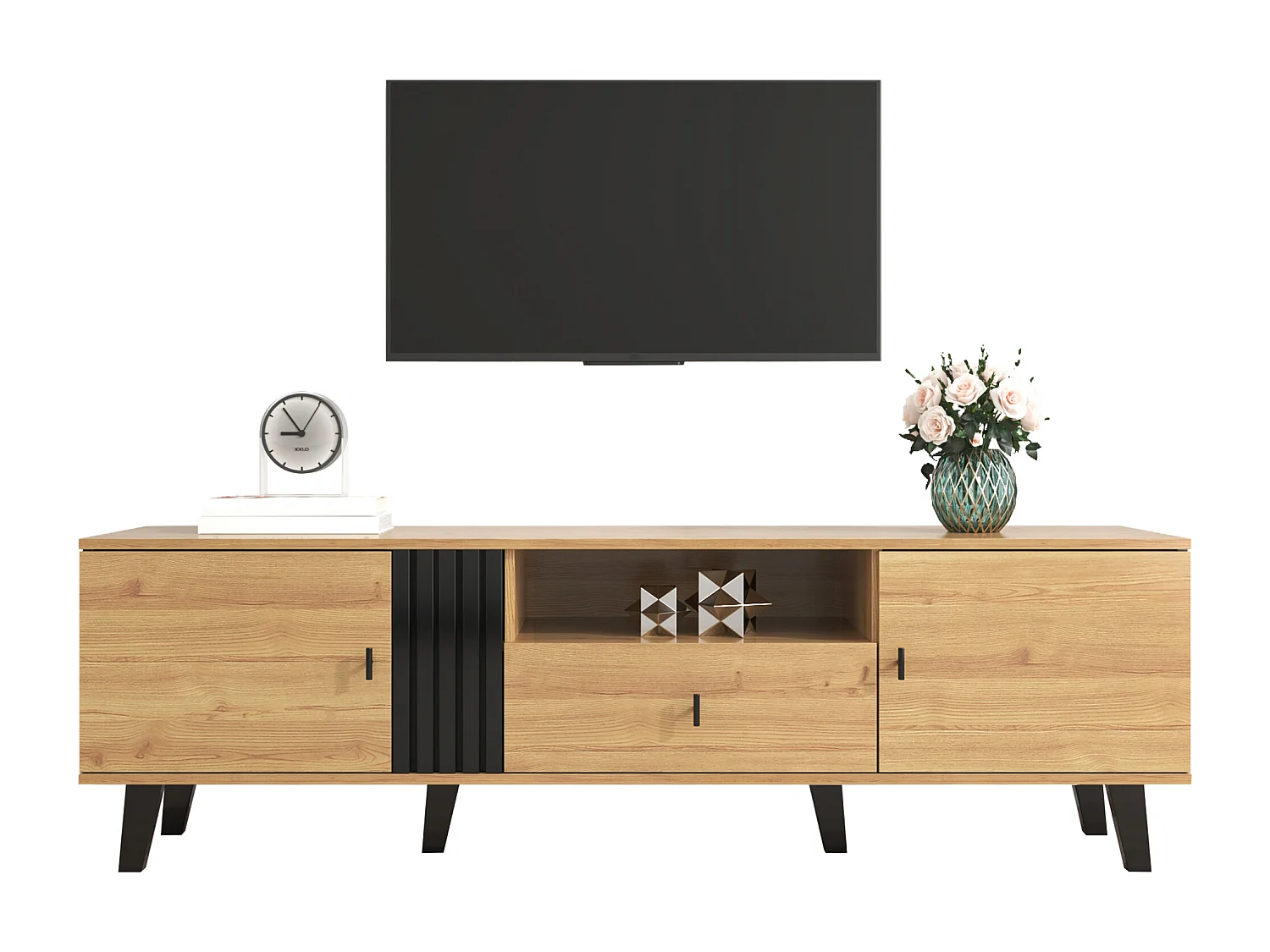 Meuble TV naturel clair et noir avec 2 portes et 1 tiroir, 170x40x50,5cm