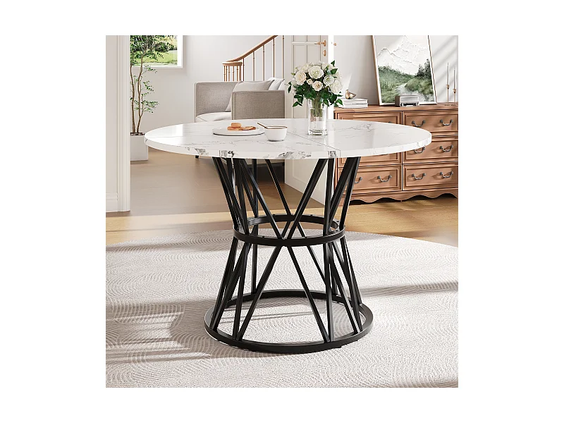 Table à manger ronde 100x100x76 cm pour 4 personnes - pied en métal noir - plateau mdf motif marbre blanc