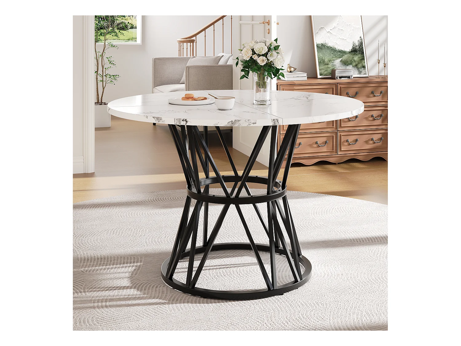 Table à manger ronde 100x100x76 cm pour 4 personnes - pied en métal noir - plateau mdf motif marbre blanc