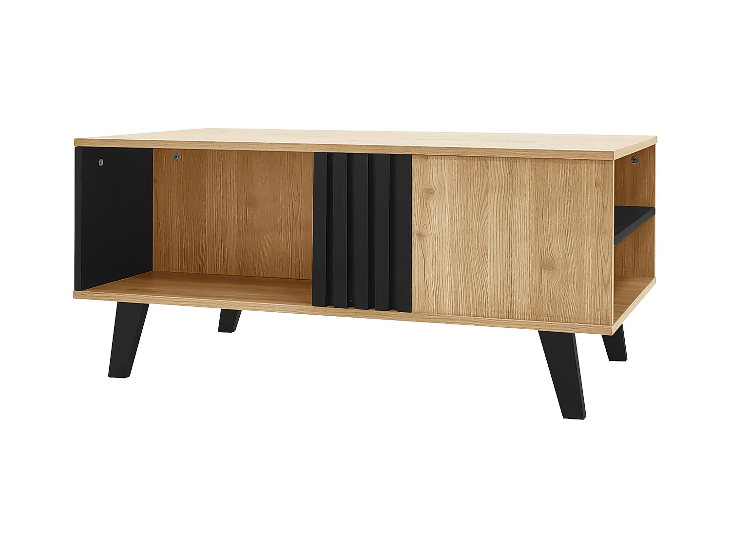 Table basse naturelle et noire claire avec fonctions de rangement polyvalentes, 100x60x45cm