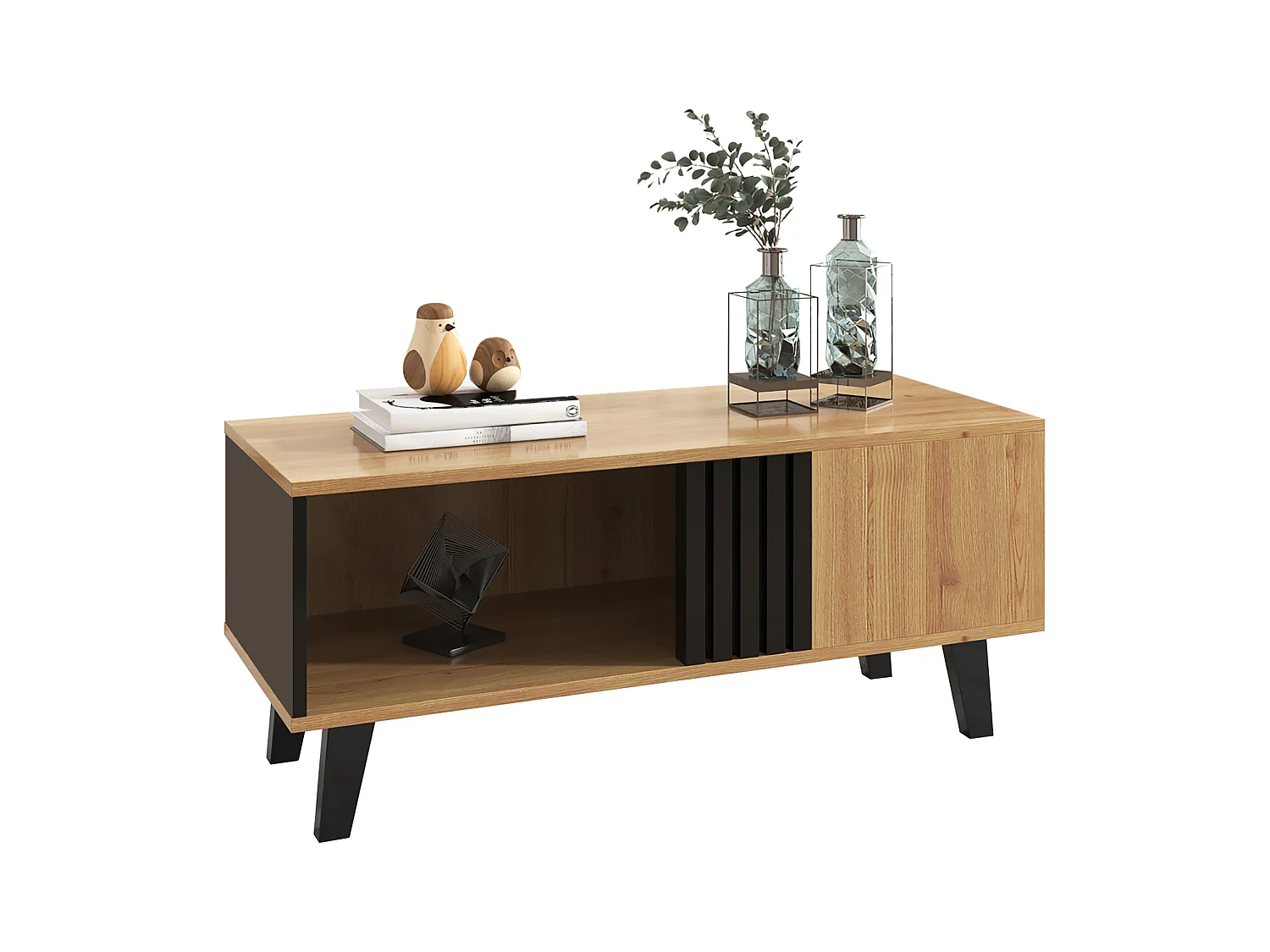 Table basse naturelle et noire claire avec fonctions de rangement polyvalentes, 100x60x45cm