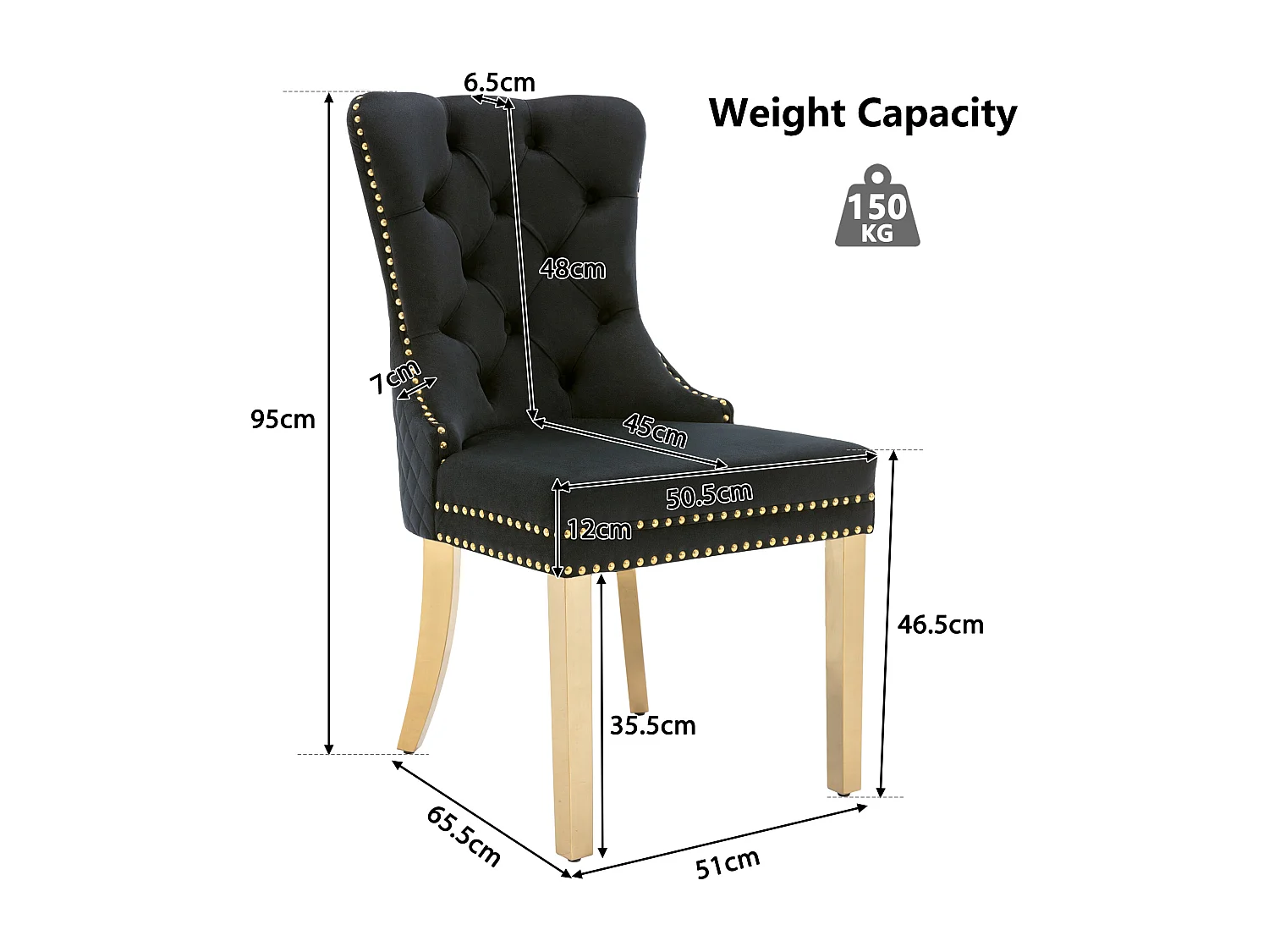 Lot de 2 chaises à manger avec dossier rembourré - pieds en métal doré - velours - noir