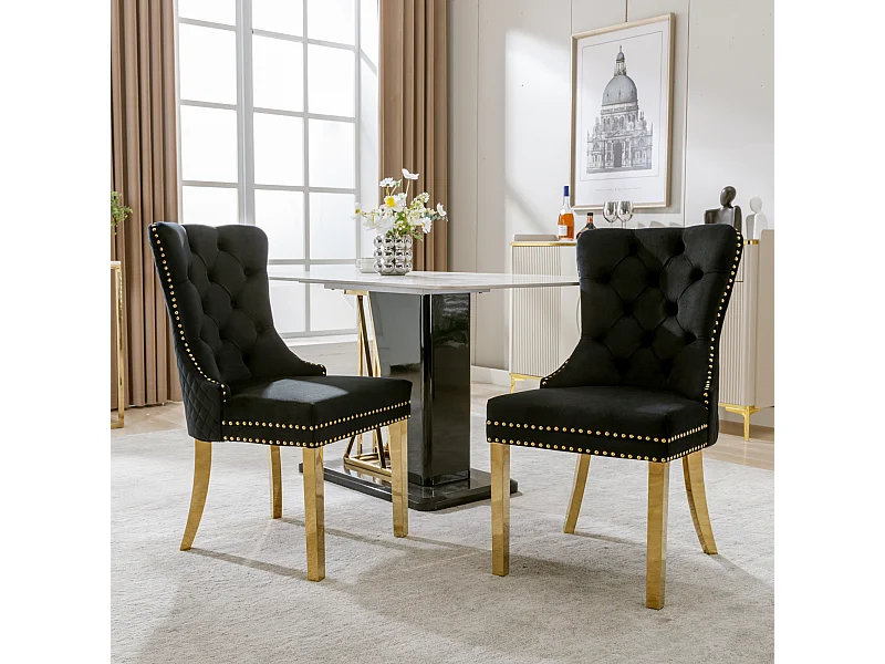 Lot de 2 chaises à manger avec dossier rembourré - pieds en métal doré - velours - noir