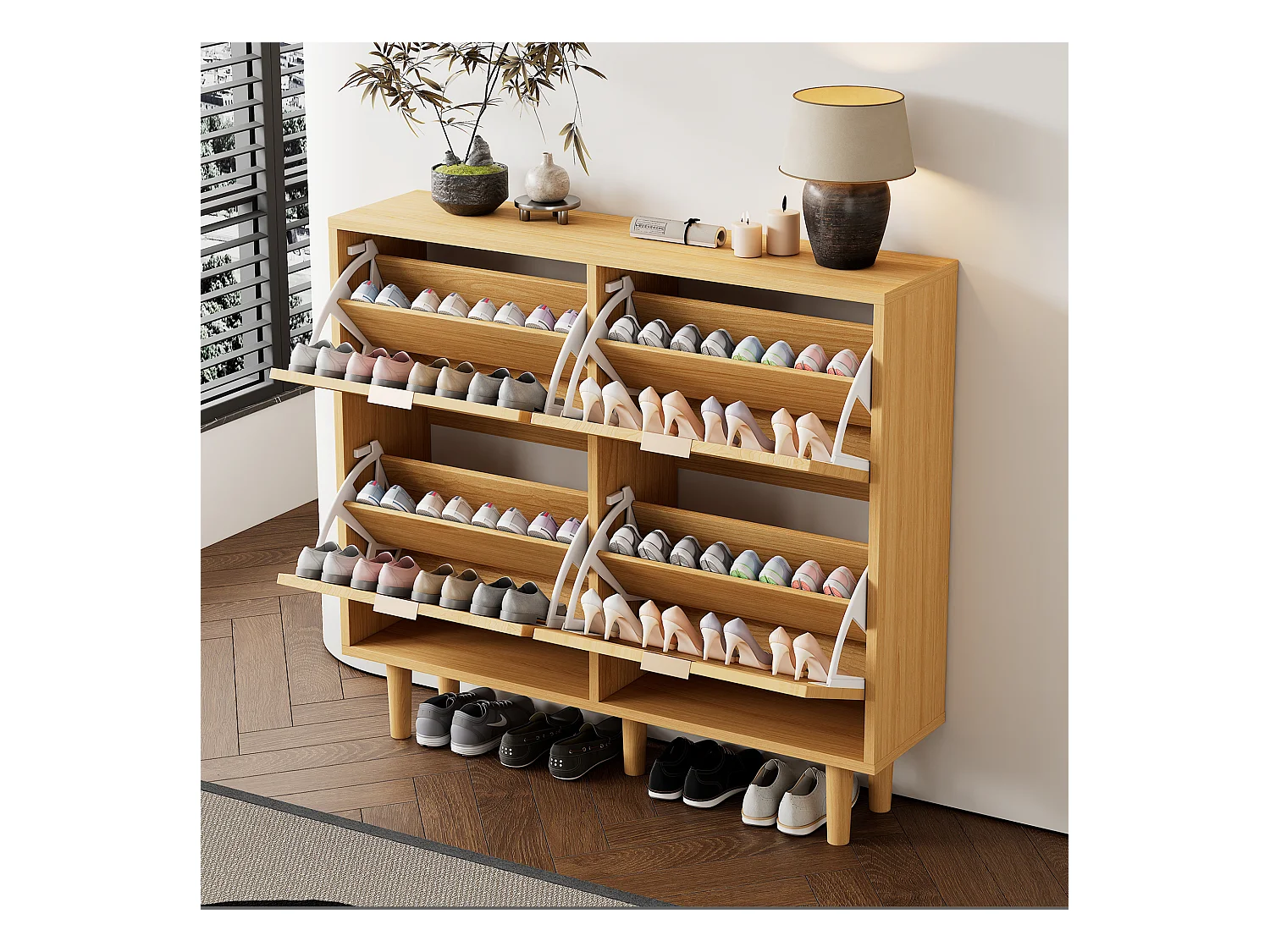 Meuble à chaussures en rotin avec 4 tiroirs rabattables, couleur naturel clair 100x25x90,3cm