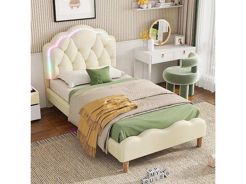 Cadre de lit enfant beige 90x200cm avec éclairage LED, tête de lit ondulée, sans matelas