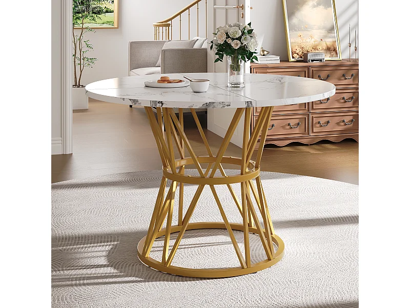 Table à manger table basse ronde pour 4 personnes - pied en métal doré - plateau mdf motif marbre blanc (100x100x76 cm)