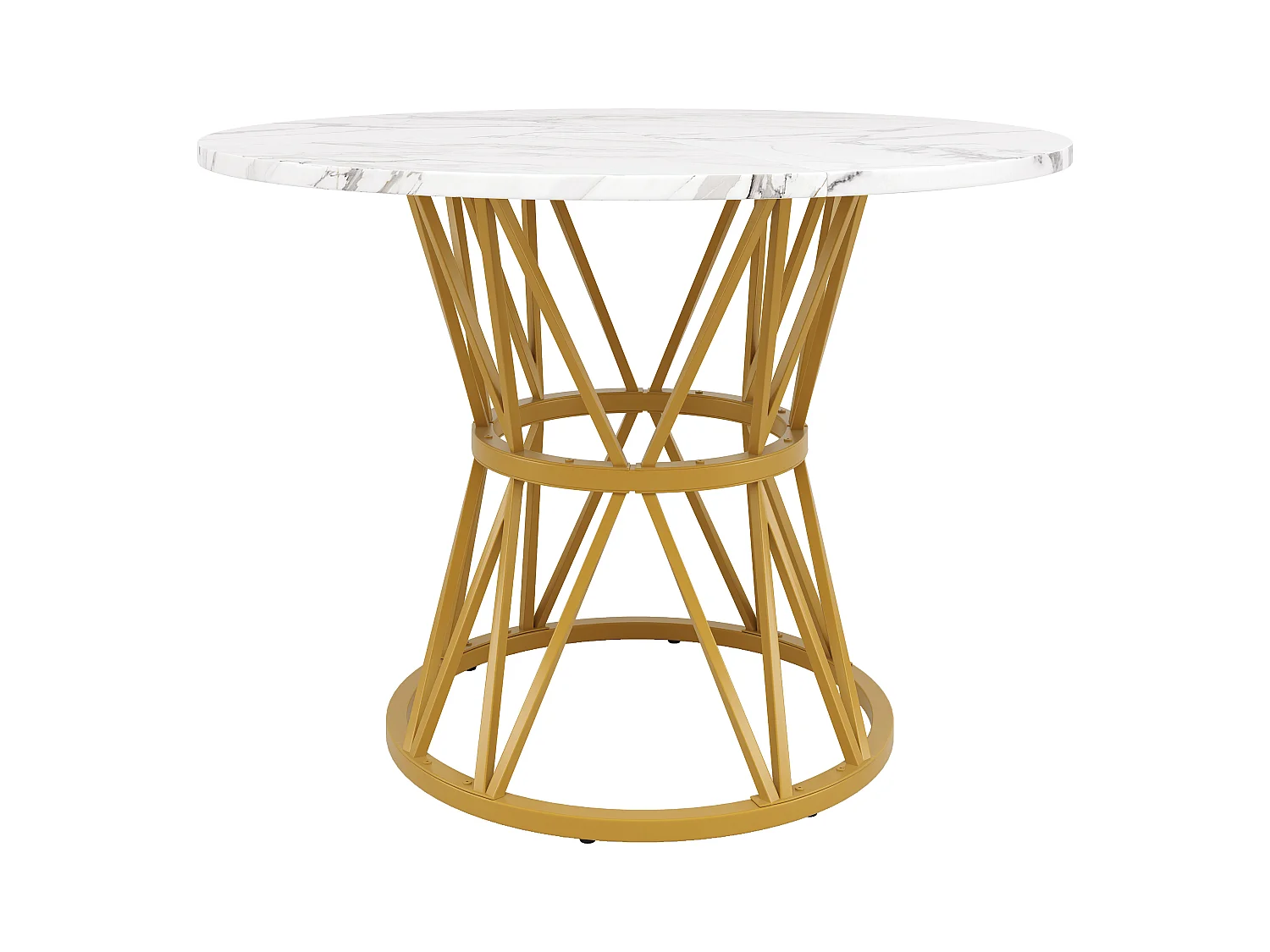 Table à manger ronde 100x100x76 cm pour 4 personnes - pied en métal doré - plateau mdf motif marbre blanc
