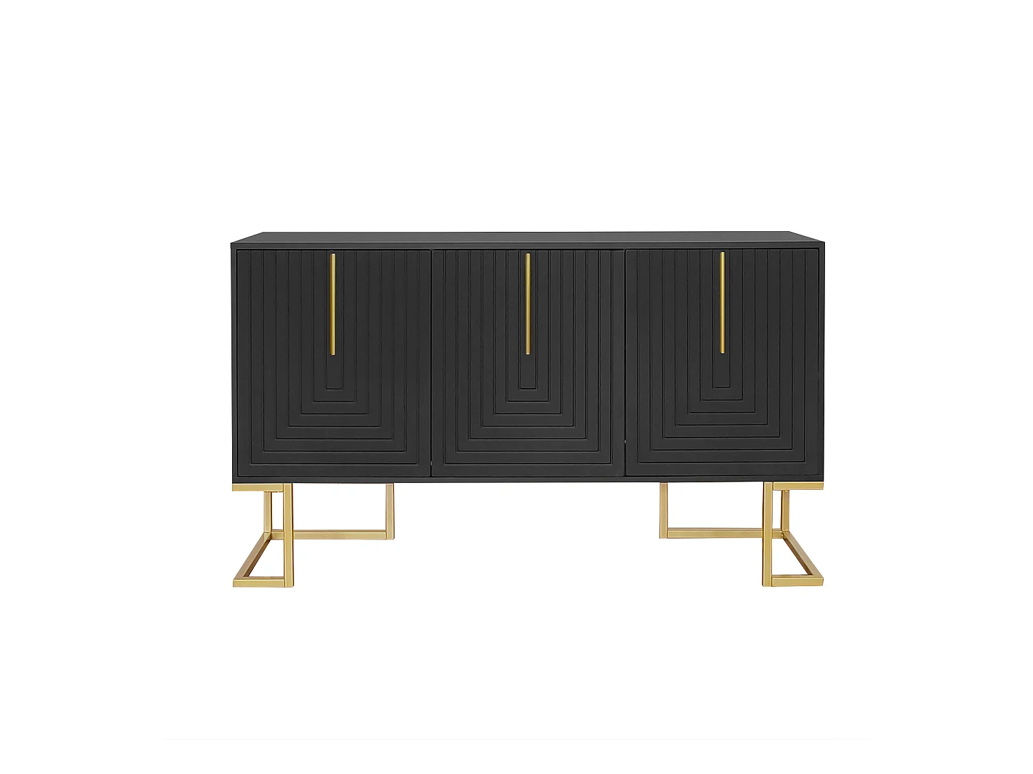 Buffet noir avec 3 portes, étagères réglables, pieds dorés, 138x40x80,5cm