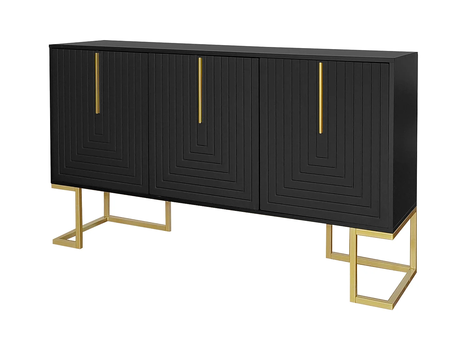 Buffet noir avec 3 portes, étagères réglables, pieds dorés, 138x40x80,5cm