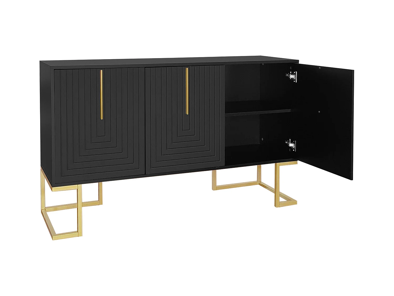 Buffet noir avec 3 portes, étagères réglables, pieds dorés, 138x40x80,5cm