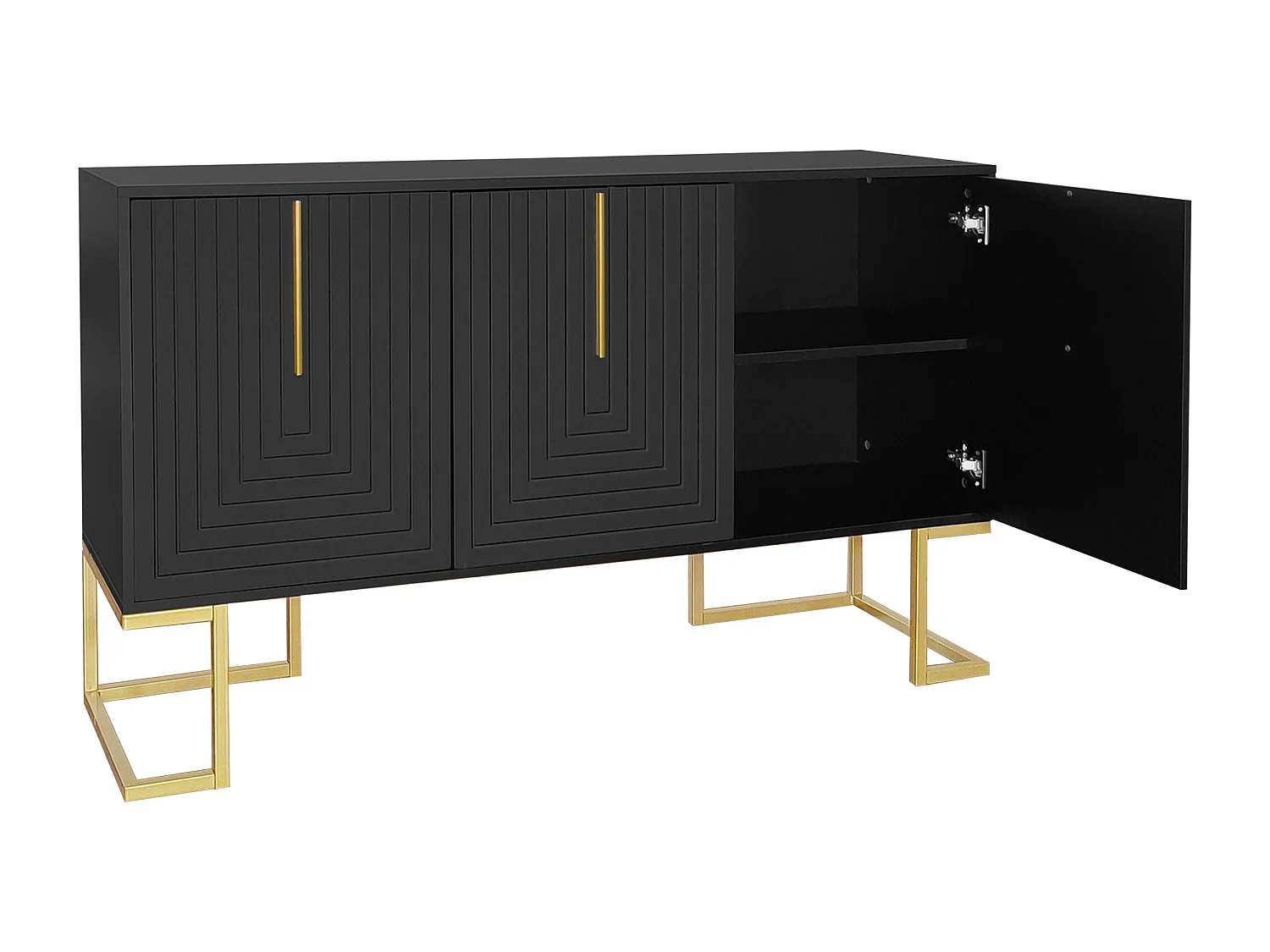 Buffet noir avec 3 portes, étagères réglables, pieds dorés, 138x40x80,5cm