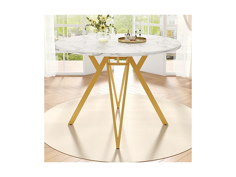 Table à manger table basse ronde pour 4 personnes - pied en métal doré - plateau mdf motif marbre blanc (100x100x76 cm)