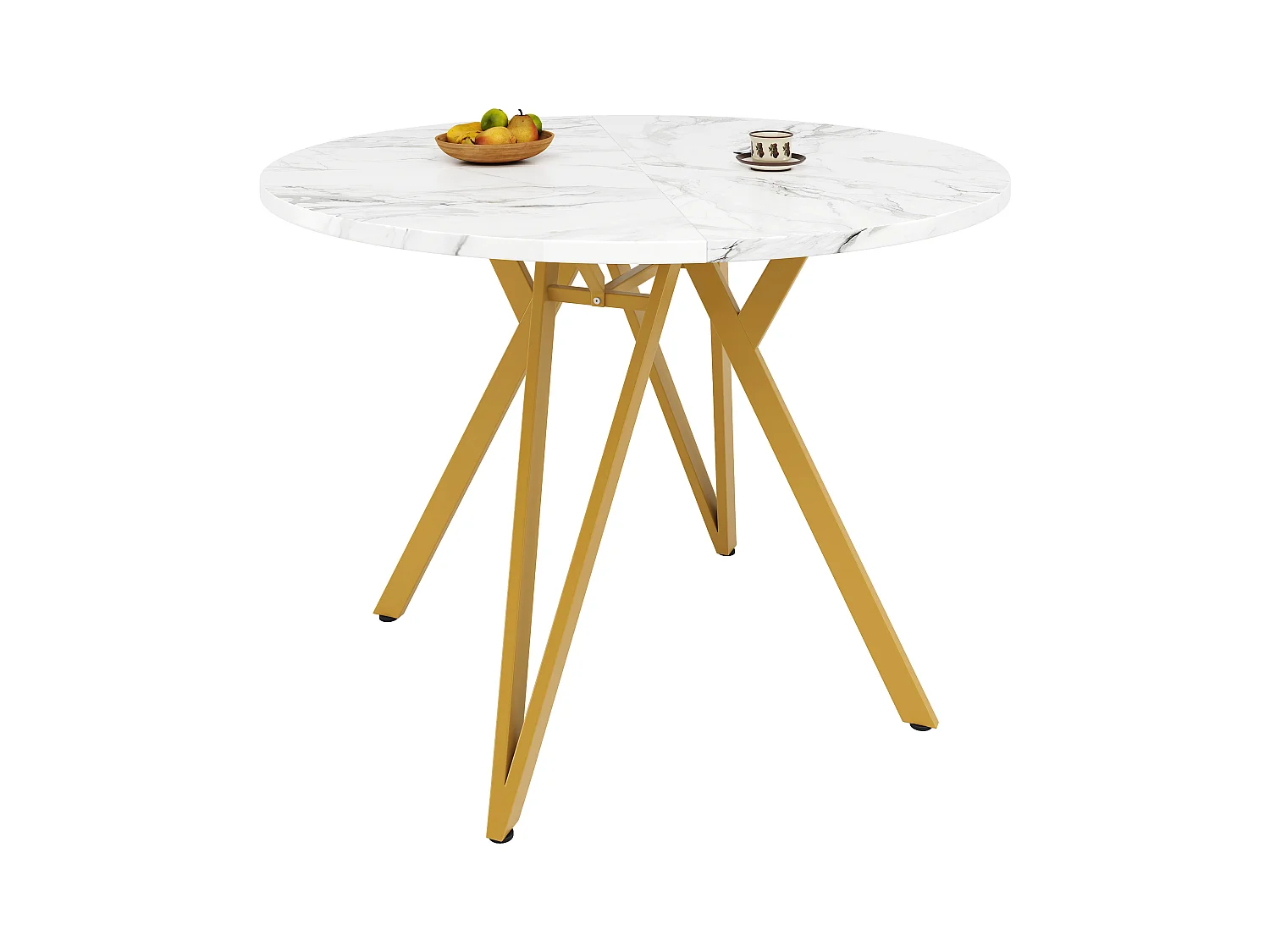 Table à manger table basse ronde pour 4 personnes - pied en métal doré - plateau mdf motif marbre blanc (100x100x76 cm)