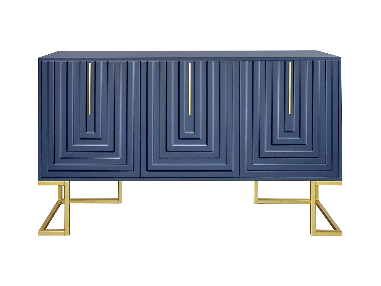 Buffet bleu avec 3 portes, étagères réglables, pieds dorés, 138x40x80,5cm