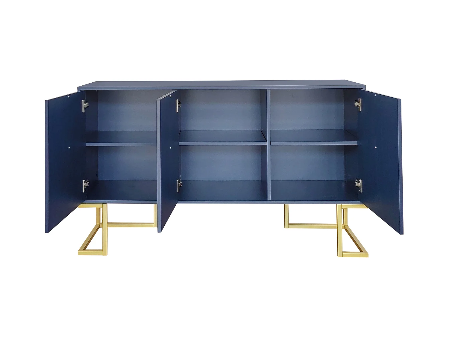 Buffet bleu avec 3 portes, étagères réglables, pieds dorés, 138x40x80,5cm