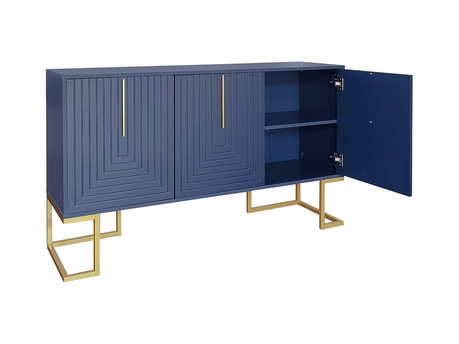 Buffet bleu avec 3 portes, étagères réglables, pieds dorés, 138x40x80,5cm