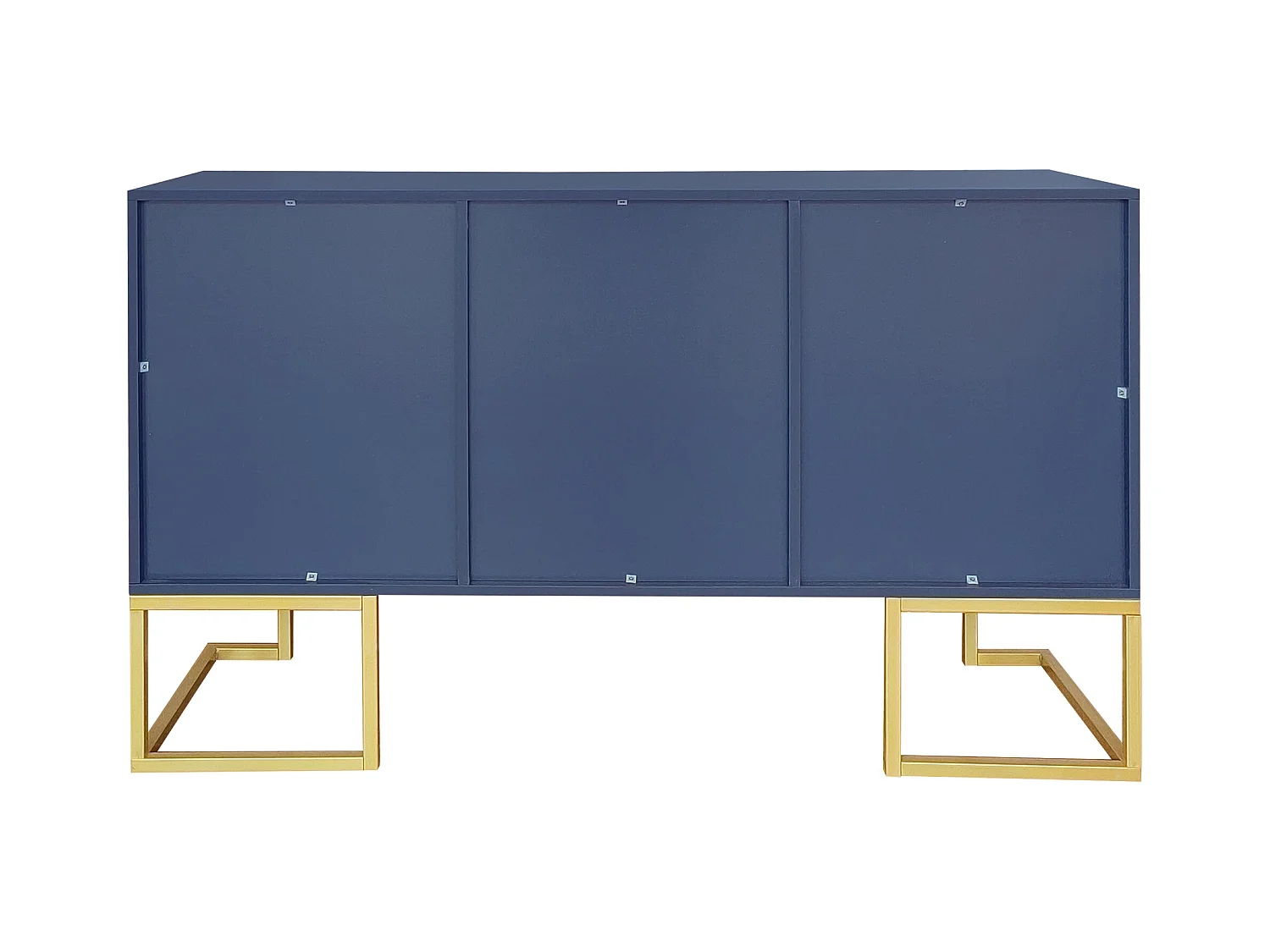 Buffet bleu avec 3 portes, étagères réglables, pieds dorés, 138x40x80,5cm