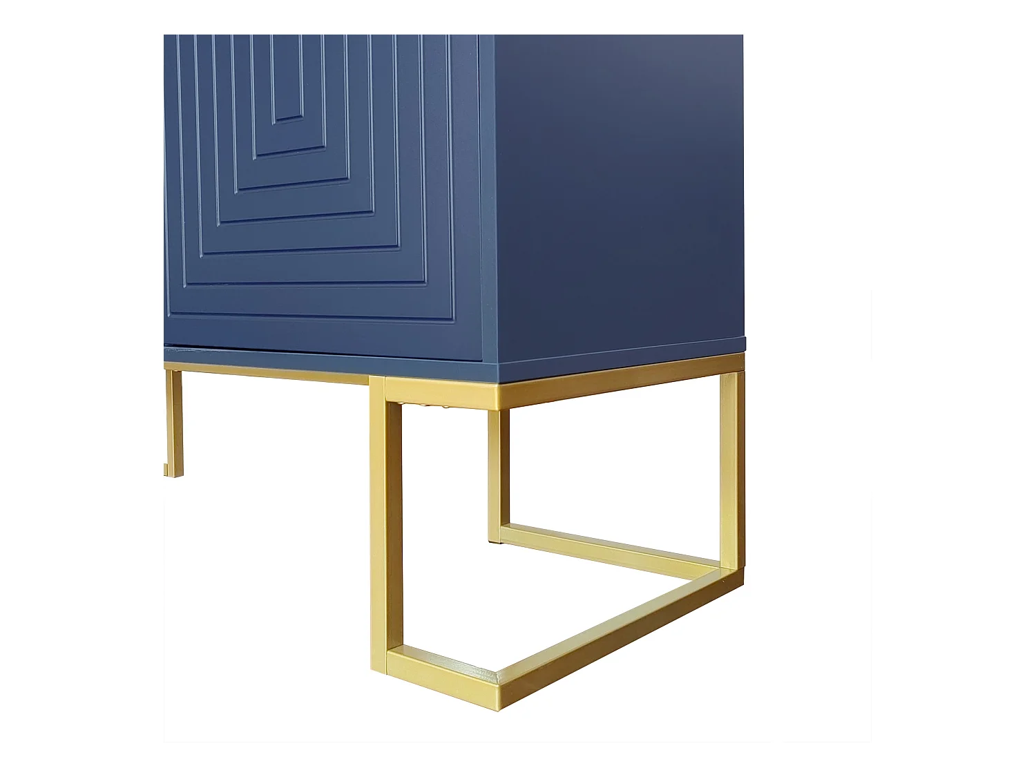 Buffet bleu avec 3 portes, étagères réglables, pieds dorés, 138x40x80,5cm