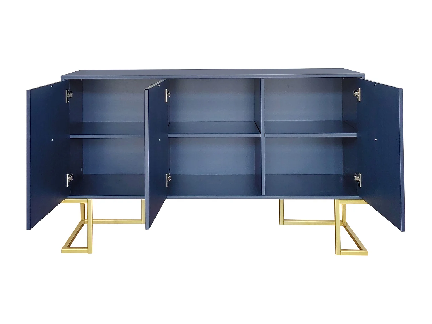 Buffet bleu avec 3 portes, étagères réglables, pieds dorés, 138x40x80,5cm