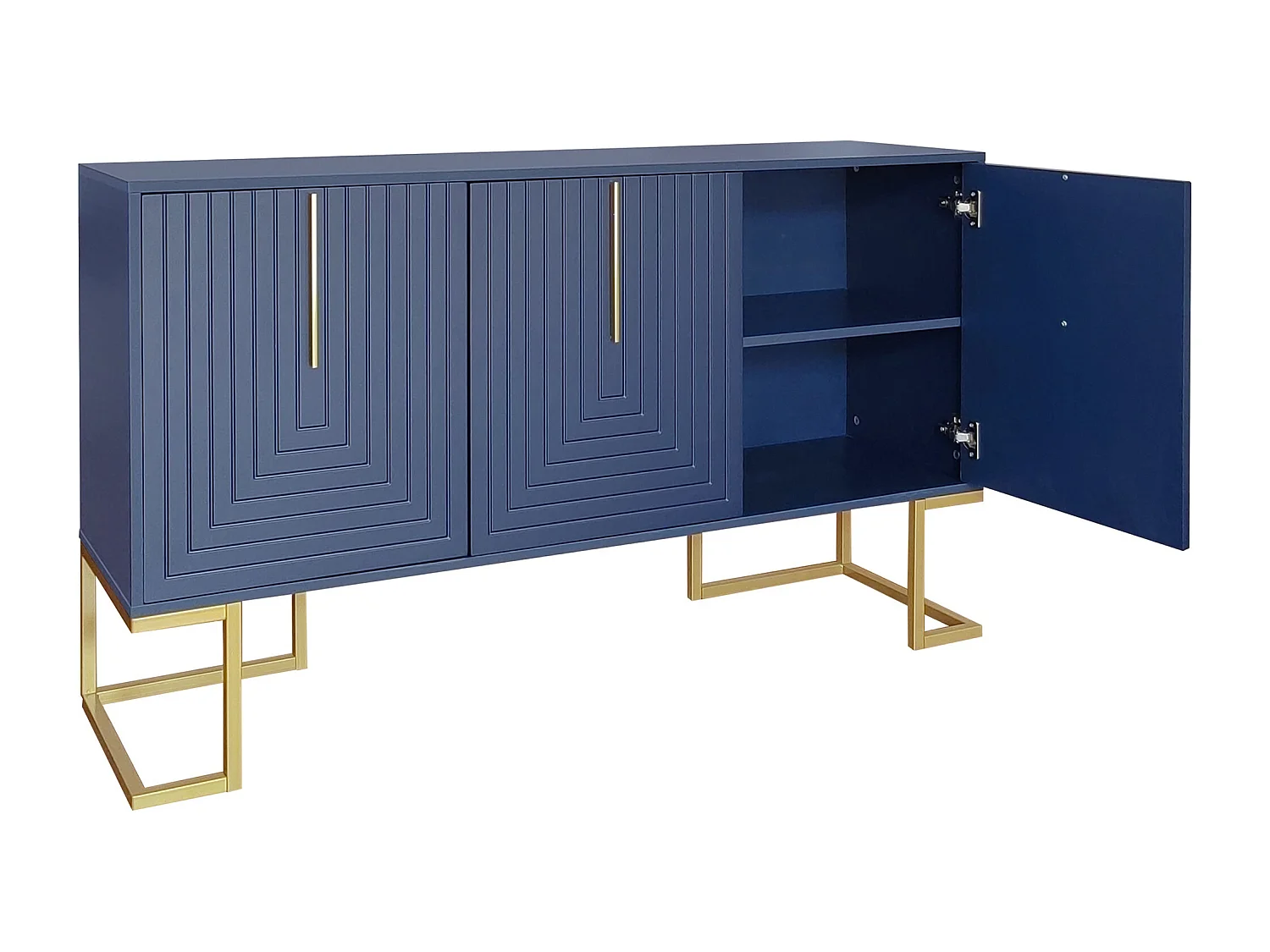 Buffet bleu avec 3 portes, étagères réglables, pieds dorés, 138x40x80,5cm