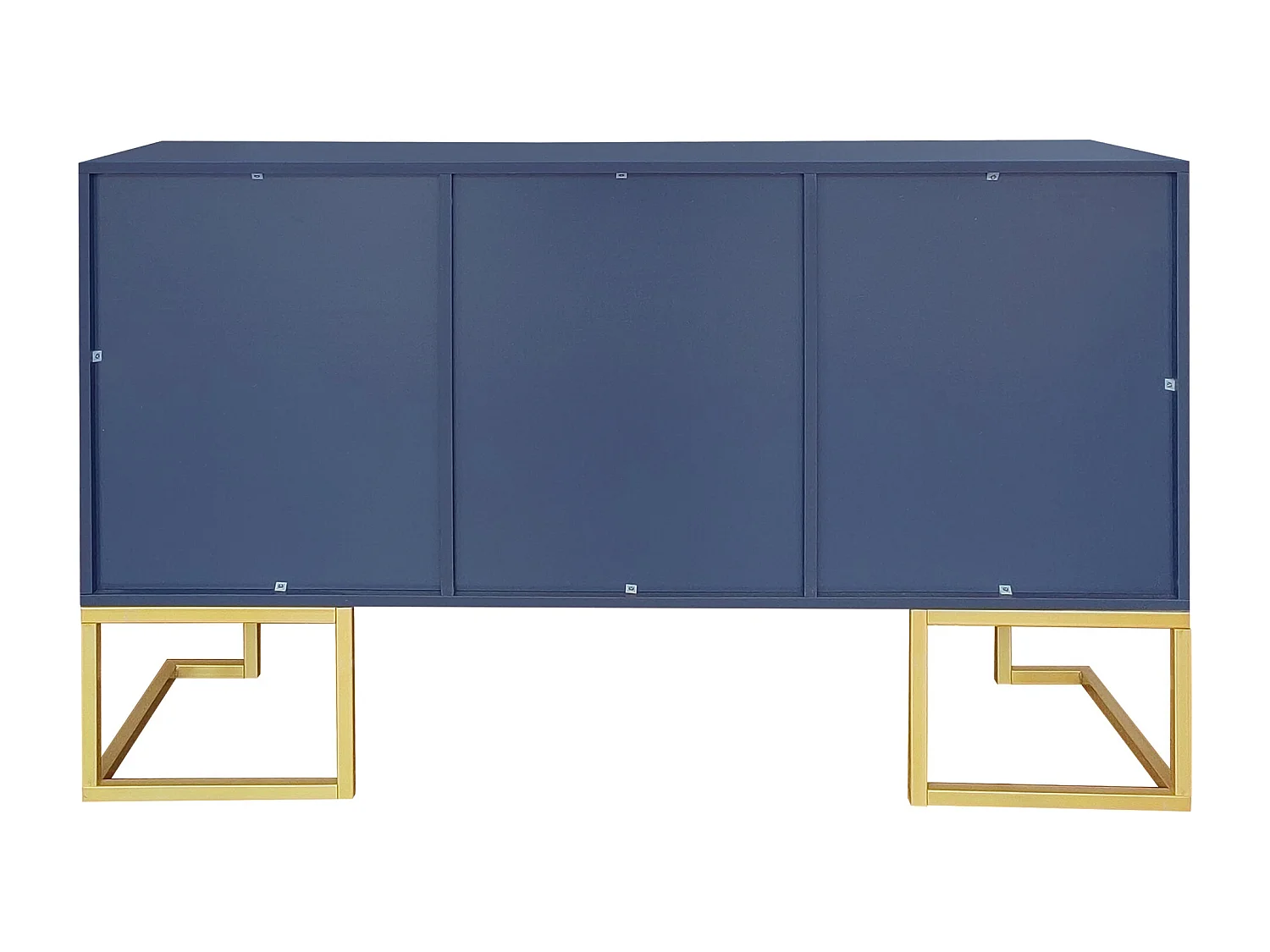 Buffet bleu avec 3 portes, étagères réglables, pieds dorés, 138x40x80,5cm